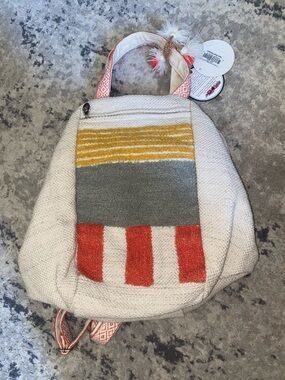 Cream Canvas Backpack with Multicolor Block Front Pocket